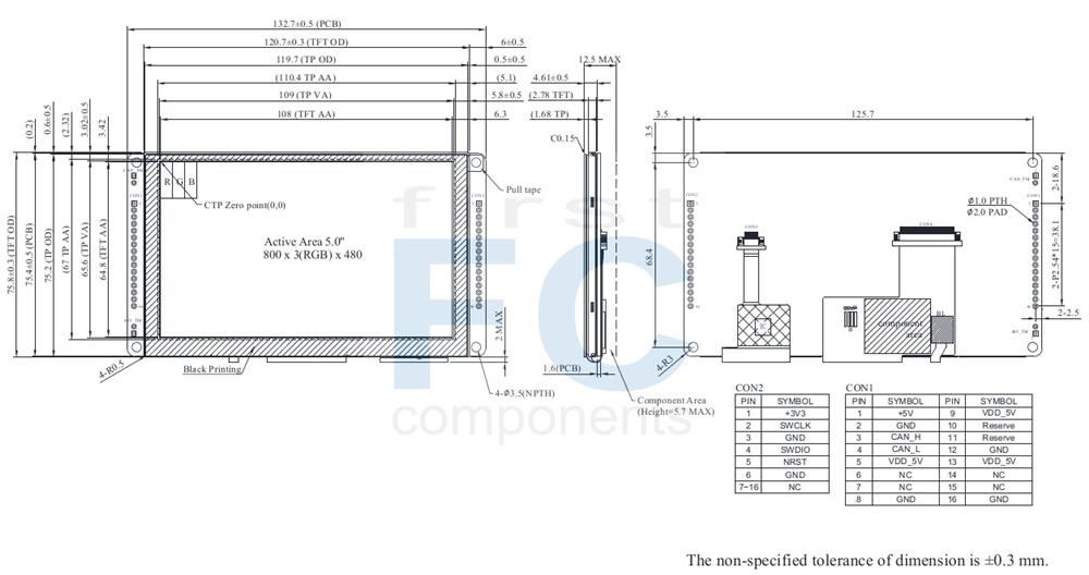 5 inch CAN Bus TFT Display with Projected Capacitive Touch - WL0F00050000FGAAASA00